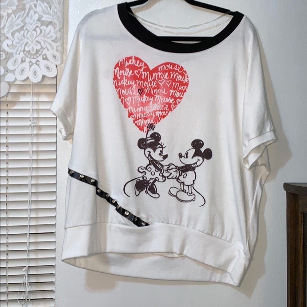 Off the shoulder Mickey and Minnie shirt